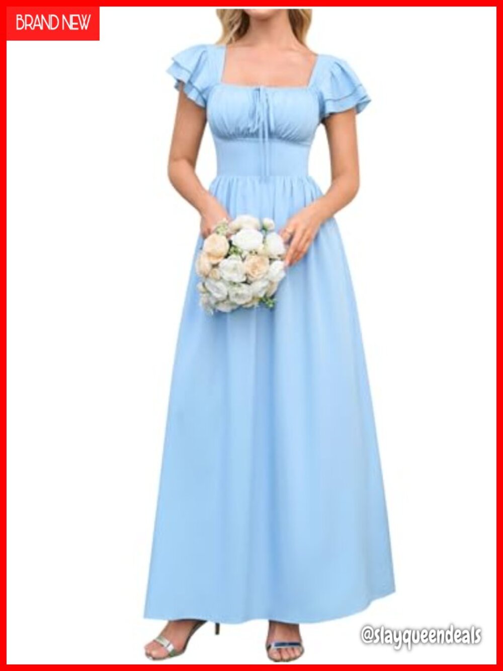 Smocked Corset Midi Dress Square Neck Ruffle Sleeve A-Line Wedding Guest